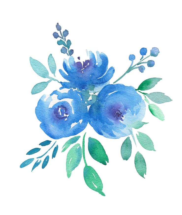 Zdjęcie ręka, rysunek boho akwarela ilustracja kwiatowy z niebieskimi kwiatami