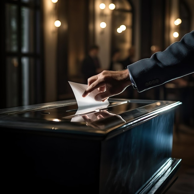 Ręka rzuca papier wyborczy do urny wyborczej głosując w fotorealistycznym stylu wysokiej jakości generowanej przez sztuczną inteligencję