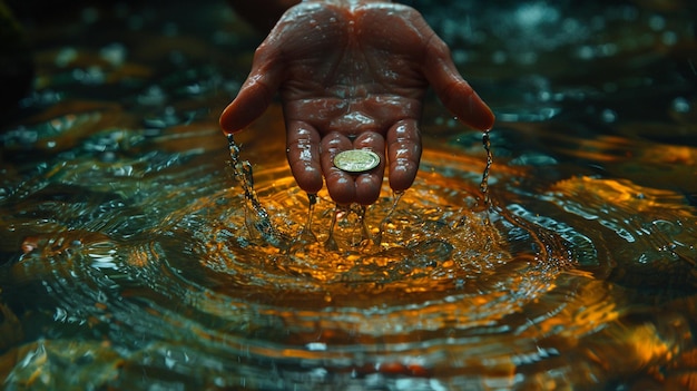 Zdjęcie ręka rzucająca monetę do fontanny wywołująca życzenia