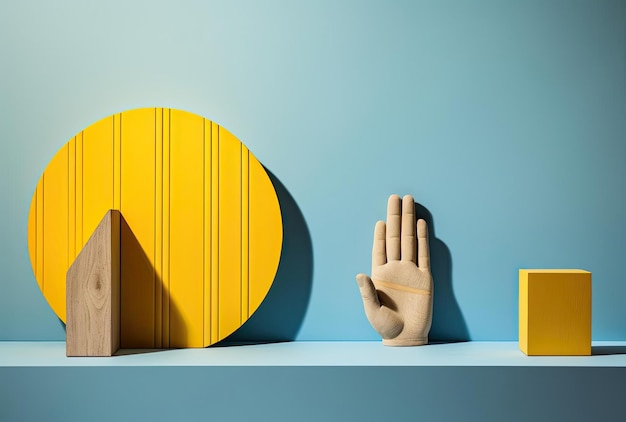 Ręka siedzi na żółtej ścianie z czterema sposobami pójścia w kształcie strzały w stylu przycisku do tyłu
