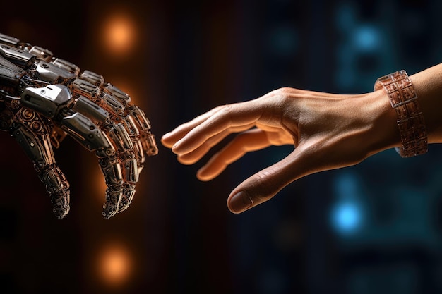 Ręka sięga do ramienia robota Generative AI