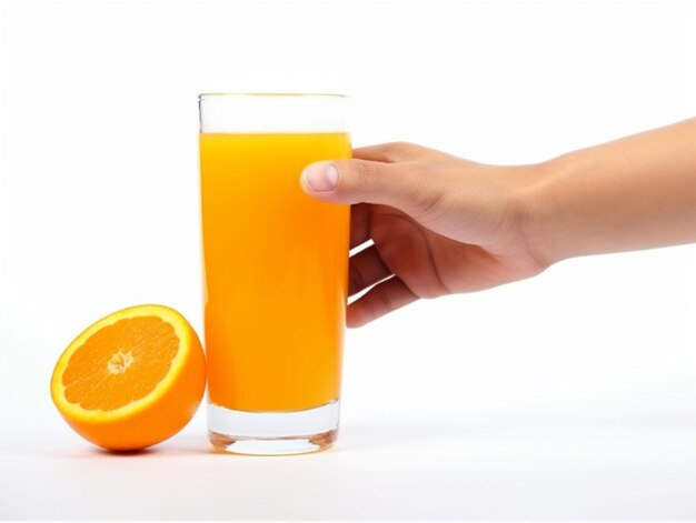 Ręka sięga do szklanki soku pomarańczowego.