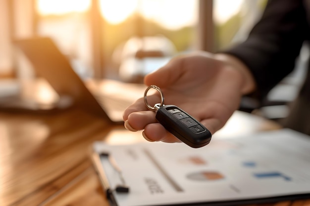 Zdjęcie ręka sprzedawcy samochodów dająca klucz do samochodu nad stołem z niewyraźnym laptopem i papierowym dokumentem