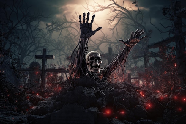 Ręka szkieletu z cmentarza Halloween pojawia się jako zombie