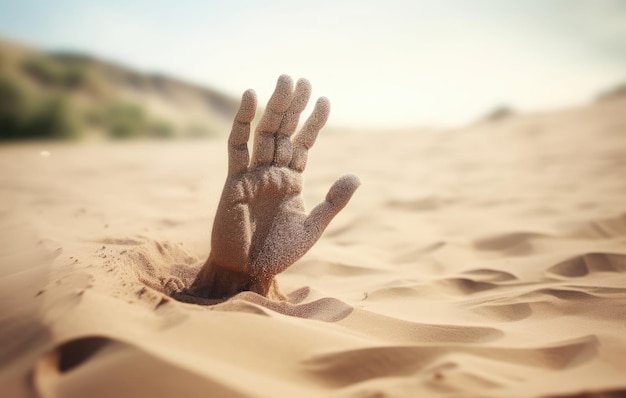 Ręka tonąca w ruchomych piaskach, próbująca wyciągnąć wskazówki, jak przetrwać na pustyni