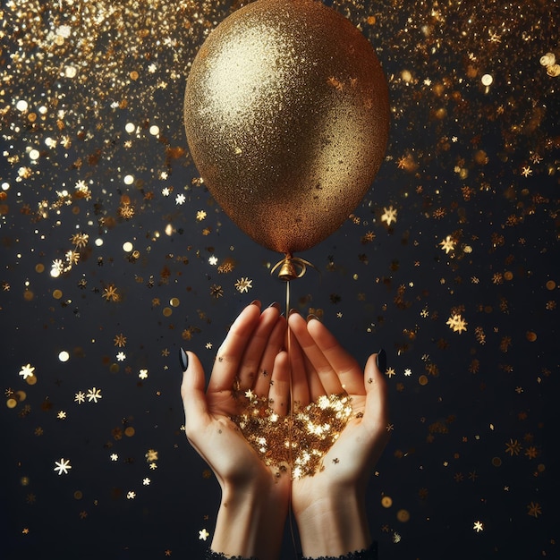 Zdjęcie ręka trzyma balon z złotym błyszczącym
