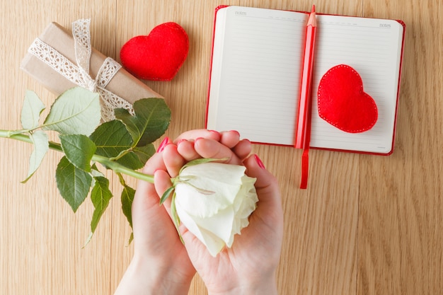 Ręka trzyma białej róży na otwartym notatniku i sercach
