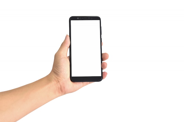Ręka trzyma czarnego smartphone z pustym ekranem, odosobnionym