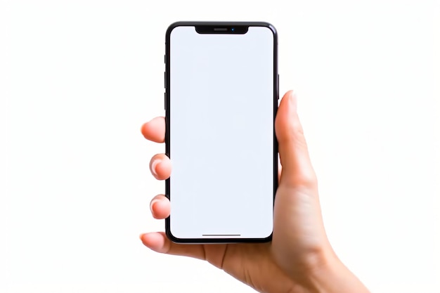 Ręka trzyma czarny mobilny smartfon odizolowany na białym tle