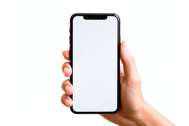 Ręka trzyma czarny mobilny smartfon odizolowany na białym tle