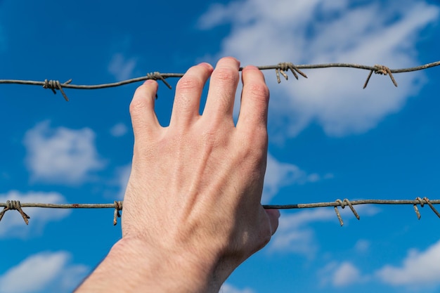 Ręka trzyma drut kolczasty na tle nieba Koncepcja wolności uchodźców