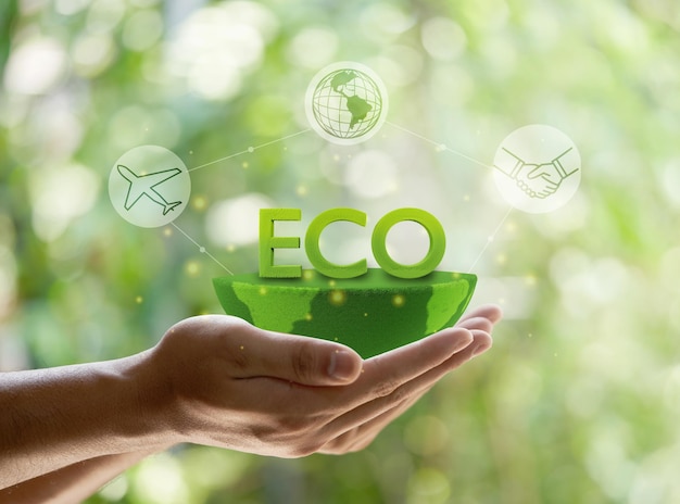 ręka trzyma ECO ikona koncepcja. Środowisko, społeczeństwo i zarządzanie biznesem na zielonym tle.