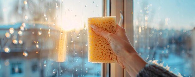 Ręka trzyma gąbkę do mycia okien