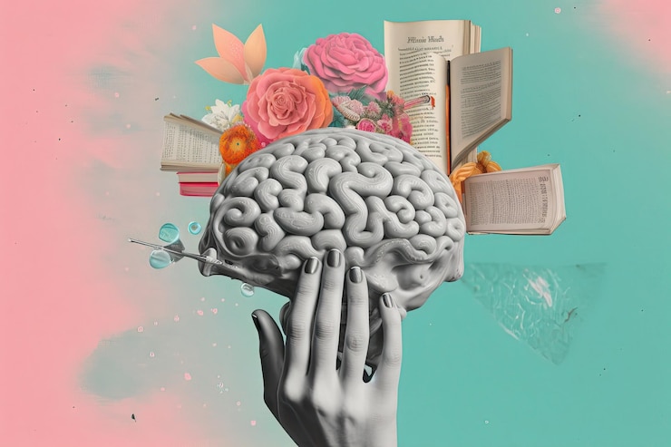 Zdjęcie ręka trzyma ikonę książki ze słowami wewnątrz mózgu czytając pośród kolorowego surrealistycznego plakatu na płótnie w stylu vintage generative ai
