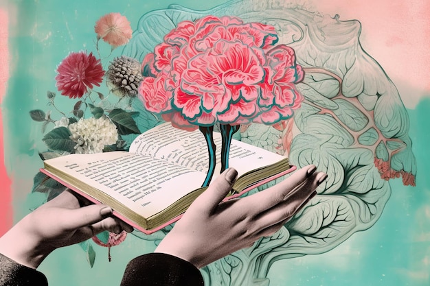 Ręka trzyma ikonę książki ze słowami wewnątrz mózgu czytając pośród kolorowego surrealistycznego plakatu na płótnie w stylu vintage Generative AI