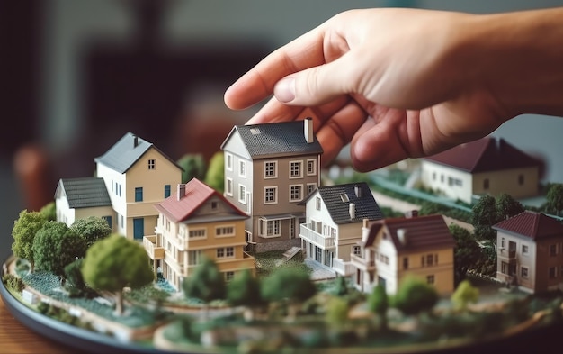 Ręka trzyma model domu wykonanego z domów.