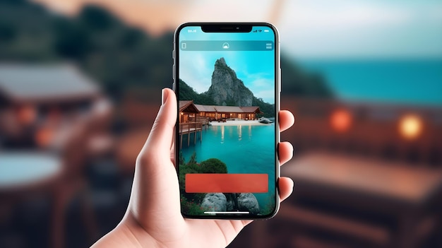 ręka trzyma smartfona z aplikacją do podróży i rezerwacji