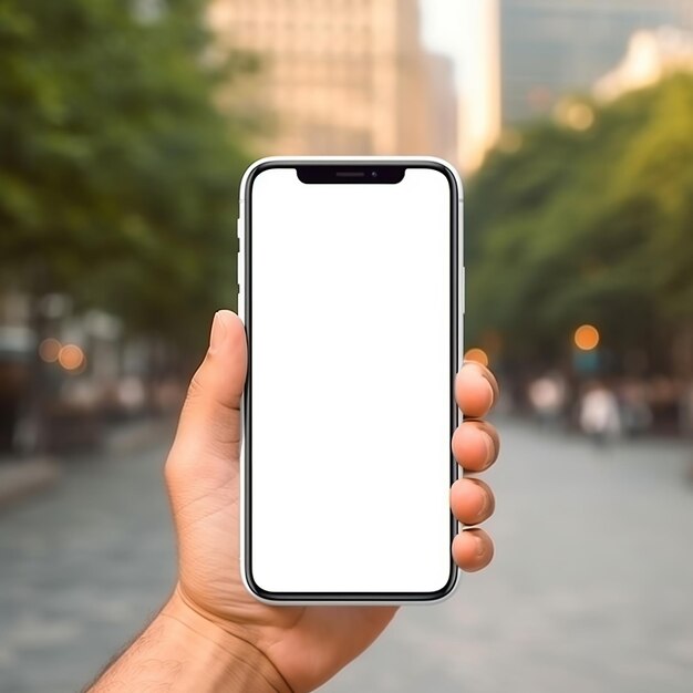 Ręka trzyma smartfona z makietą białego ekranu na tle miasta Generative Ai