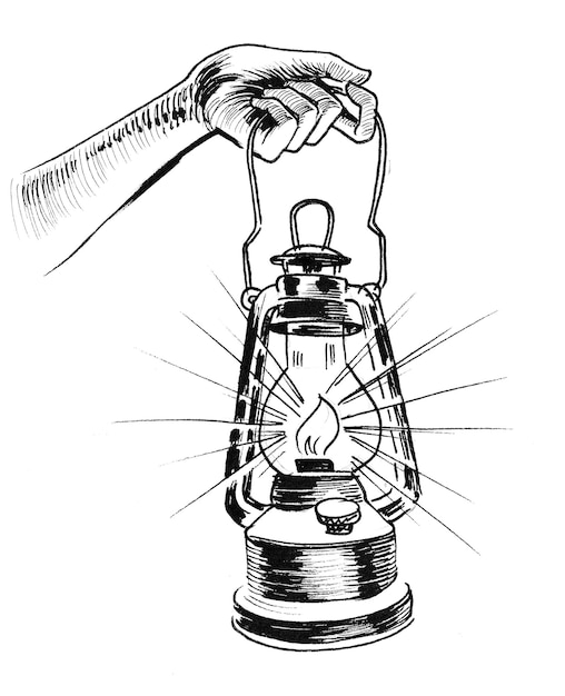 Ręka trzyma starą latarnię. Tusz czarno-biały rysunek
