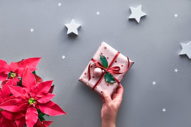 Ręka trzyma świąteczny prezent owinięty w metaliczny różowy papier pakowy z czerwoną wstążką, liść ostrokrzewu i cacko. Wystrój świąteczny.