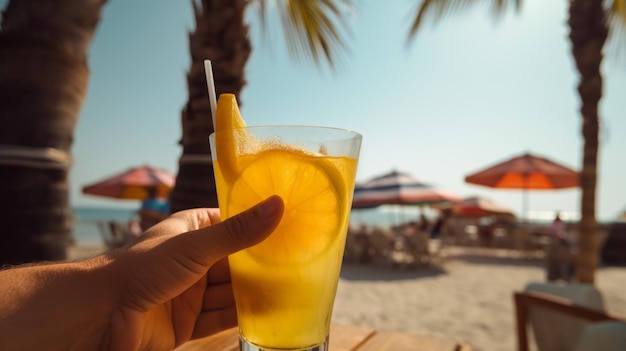 Ręka trzyma szklankę z koktajlem Świeże napoje Słoneczny dzień plaża palmy wakacje