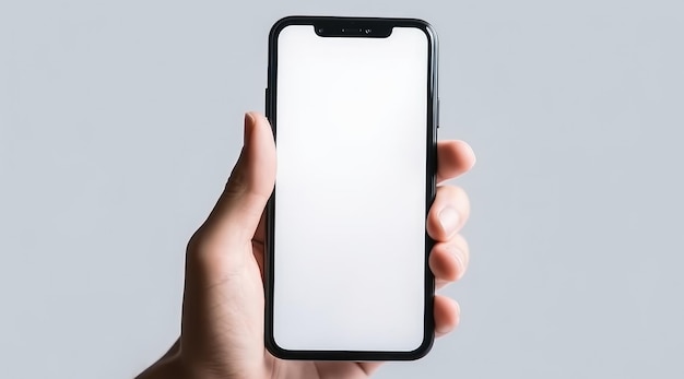 Ręka trzyma telefon z pustym ekranem.