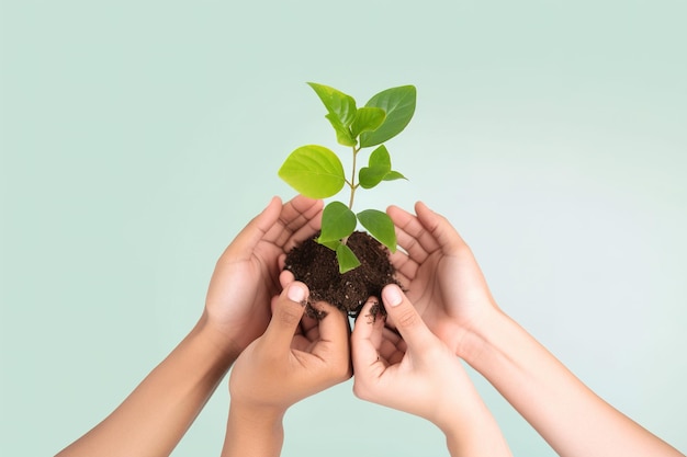 Ręka trzymać roślinę uratować kampanię środowiska na białym tle na zielonym pastelowym tle