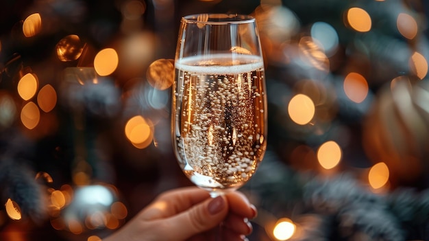 Ręka trzymająca błyszczącą szklankę szampana przed światłami Bokeh