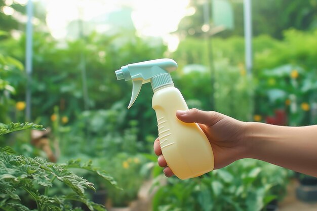 ręka trzymająca butelkę rozpylacza z kontrolą szkodników w ogrodzie z owocami i warzywami