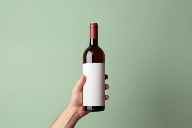 ręka trzymająca butelkę wina z białą etykietą z napisem "wino".