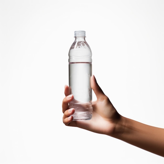 Zdjęcie ręka trzymająca butelkę wody na białym tle przez ai generative