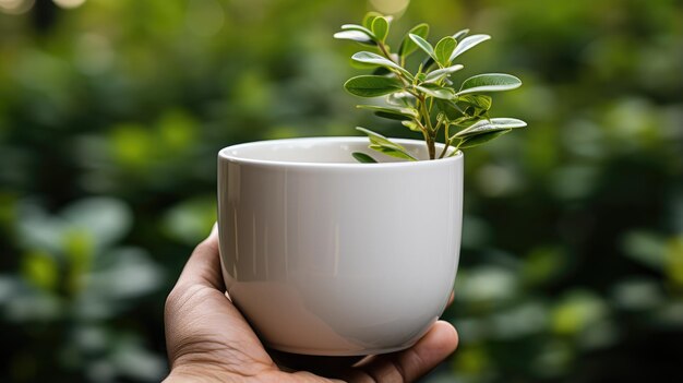 Ręka trzymająca filiżankę herbaty z białym szkłem na zielonym tle natury bokeh