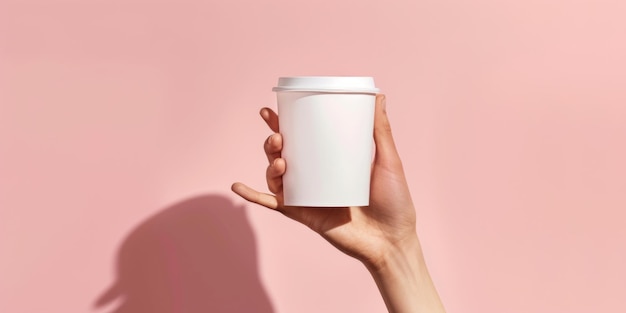 Ręka trzymająca filiżankę kawy przy różowej ścianie