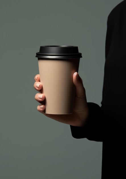 Ręka trzymająca jednorazową filiżankę kawy z pokrywką Mock up