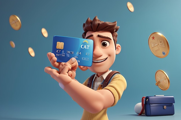 Zdjęcie ręka trzymająca kartę kredytową ilustracja postaci z kreskówek 3d