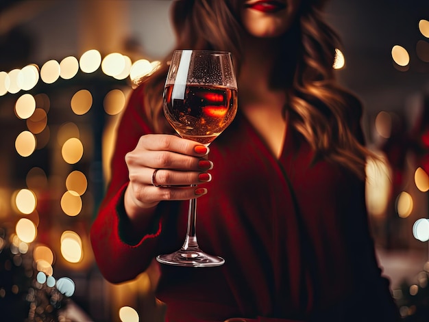 Ręka trzymająca kieliszek czerwonego wina z rozmyciem tła świateł imprezowych