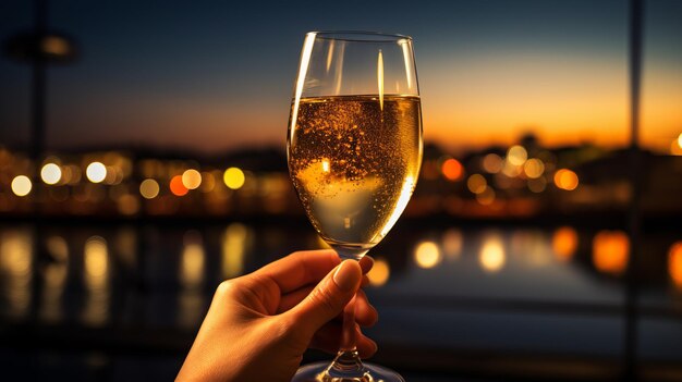 Ręka trzymająca kieliszek wina musującego w pięknie wieczoru ciesząc się kieliszkiem wina