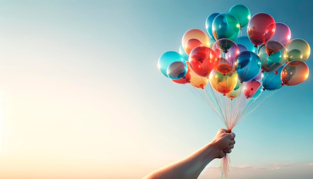 Zdjęcie ręka trzymająca kolorowe balony na tle zachodzącego słońca, niebo, wolność i świętowanie