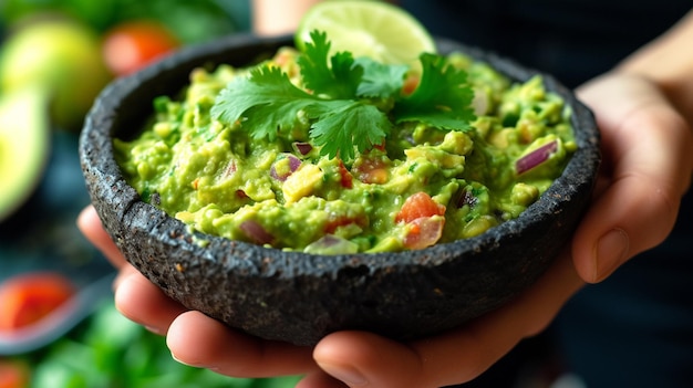 Ręka trzymająca meksykańskie guacamole