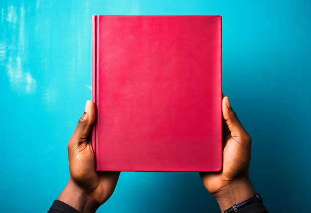 ręka trzymająca otwarty różowy notebook na niebieskim tle
