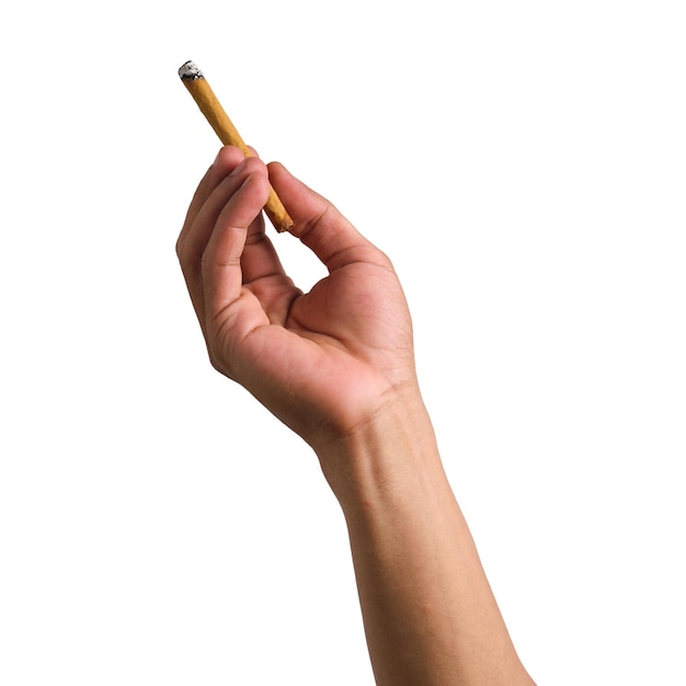Zdjęcie ręka trzymająca papierosa na białym tle