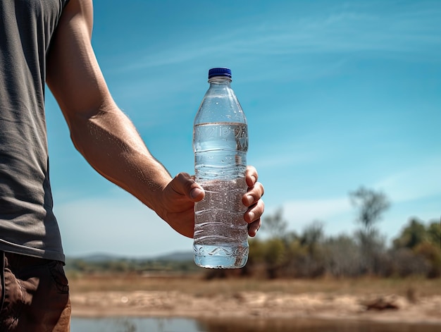Ręka trzymająca plastikową butelkę z wodą