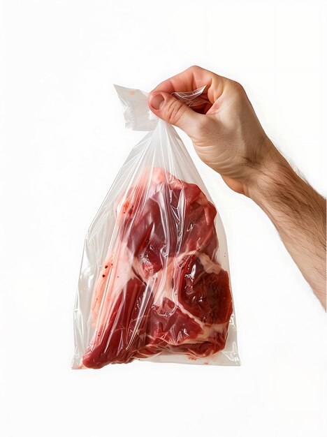 Ręka trzymająca plastikową torbę z mięsem wewnątrz na białym tle