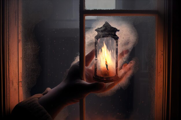 Ręka trzymająca płonącą świecę przez zadymione okno