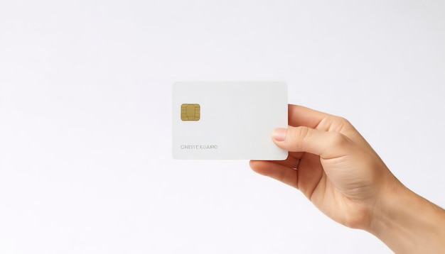 Ręka trzymająca pustą białą kartę kredytową na białym tlePlastikowa karta debetowa