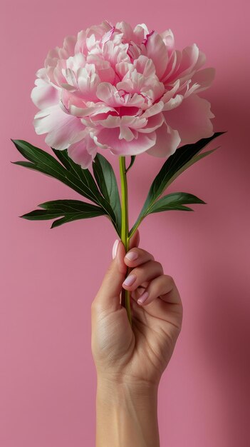 Ręka trzymająca różowy kwiat na różowym tle