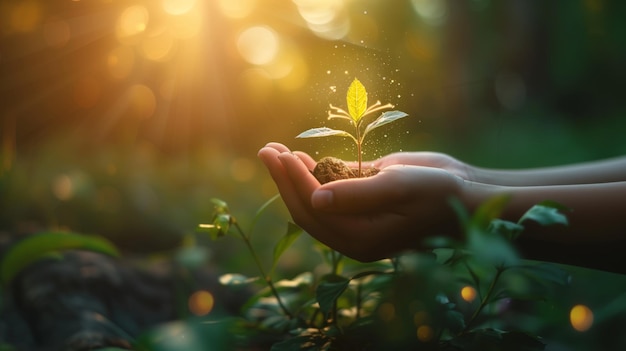 Ręka trzymająca sadzonkę rosnącą na zielonym tle z słońcem Środowisko przyjazne dla środowiska