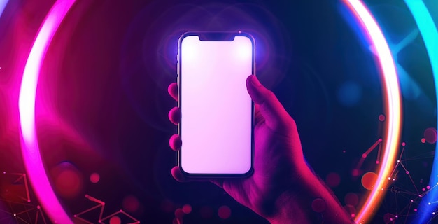 Ręka trzymająca smartfon na kolorowym neonowym tle z świecącymi kręgami