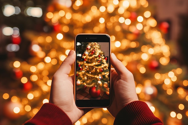 ręka trzymająca smartfon robiąca zdjęcie świątecznej choinki