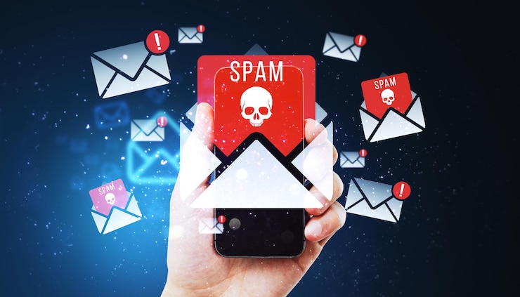 Zdjęcie ręka trzymająca smartfon z powiadomieniami o spamie i ikonami czaszki na ciemnym tle